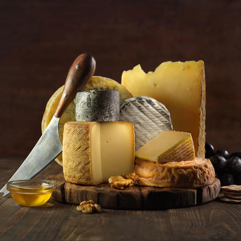 Still life image of cheese arrangement