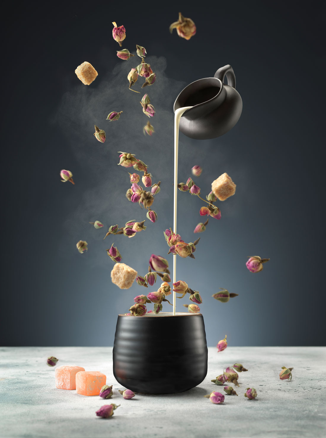explosive flying tea food photography