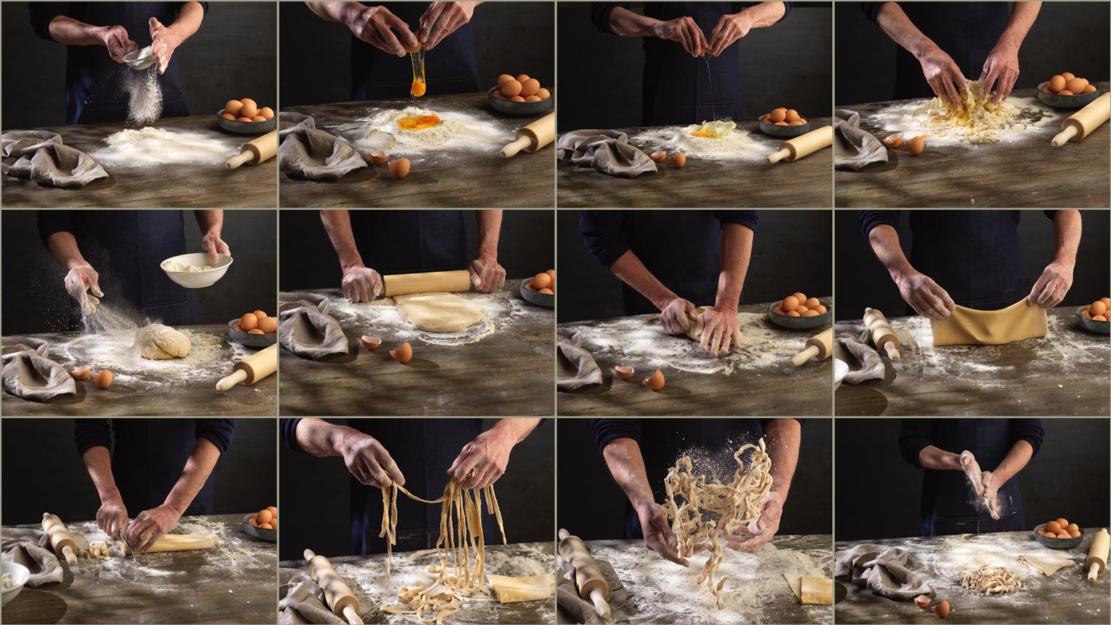 12 images of the process of pasta being made on a moody background 