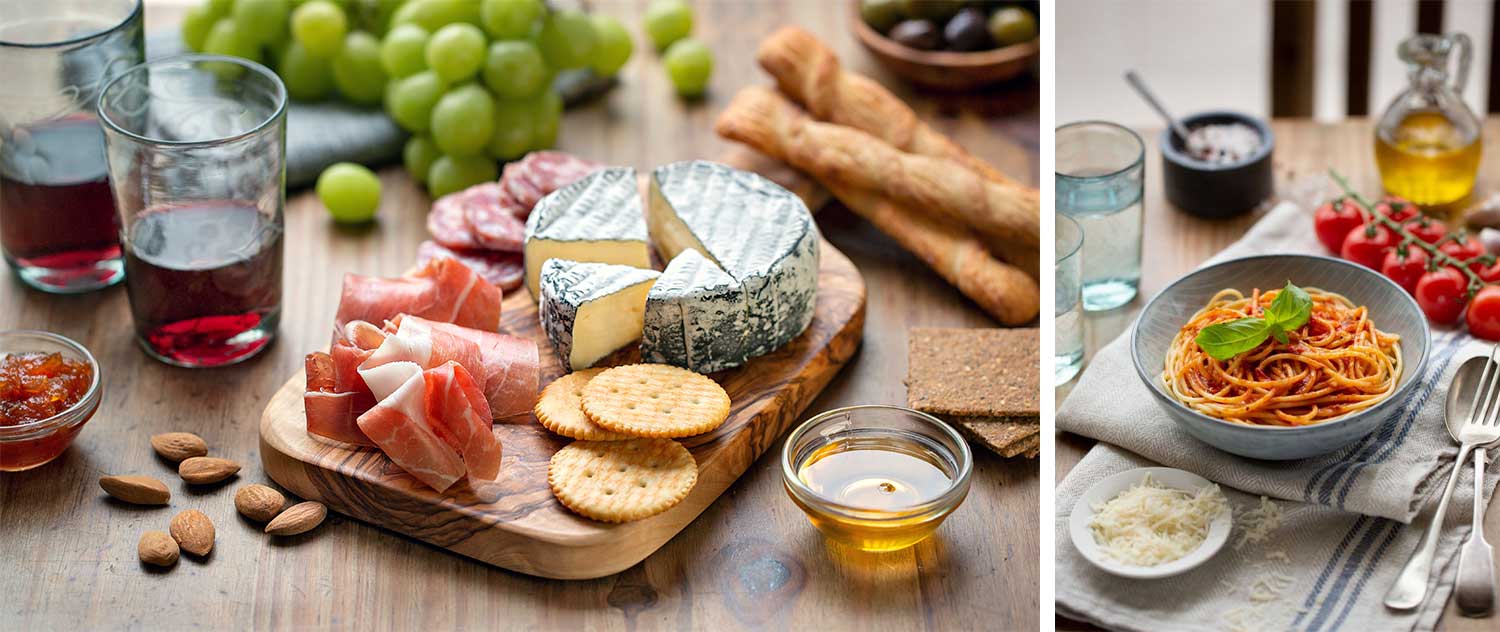 Two photographs taken with just natural light of food. One of a charcuterie board and one of a bowl of pasta 